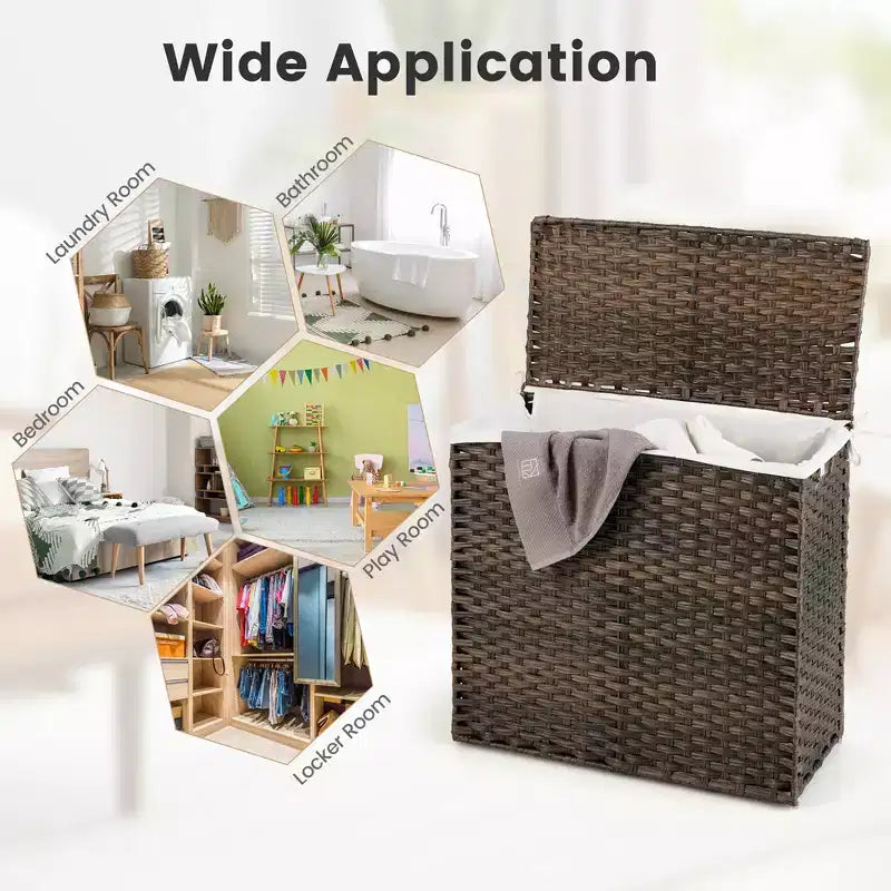 Panier à linge en rotin PE à 3 sections avec poignée
