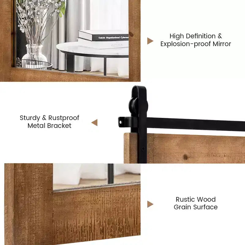 Miroir mural décoratif, miroir de courtoisie, cadre en bois, style porte de grange, marron