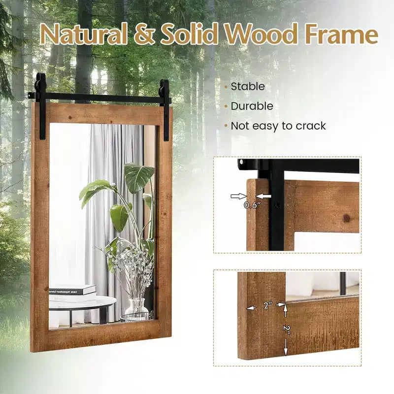 Miroir mural décoratif, miroir de courtoisie, cadre en bois, style porte de grange, marron