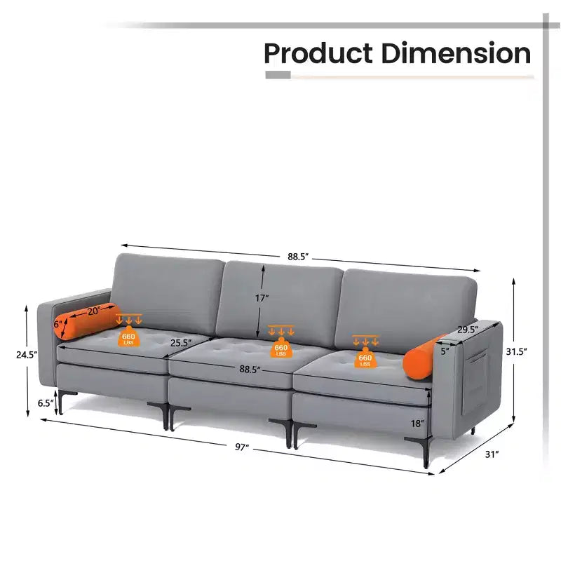 Canapé modulable 3 places avec ports USB et pochette de rangement latérale