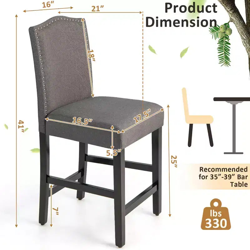 Tabourets de bar rembourrés, chaises hauteur comptoir avec pieds en bois d'hévéa