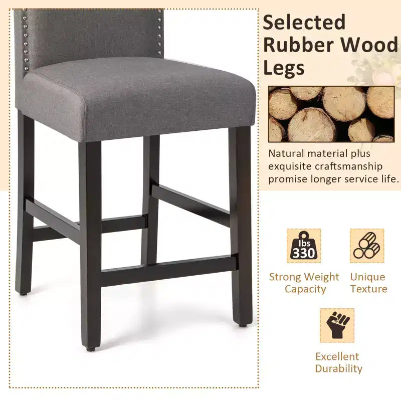 Tabourets de bar rembourrés, chaises hauteur comptoir avec pieds en bois d'hévéa