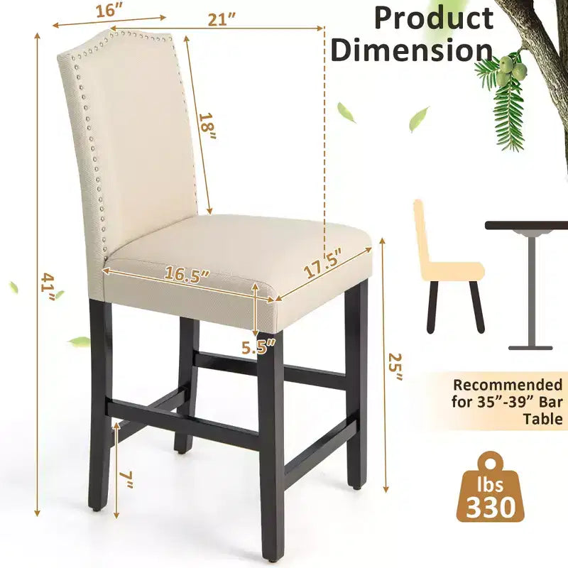 Tabourets de bar rembourrés, chaises hauteur comptoir avec pieds en bois d'hévéa