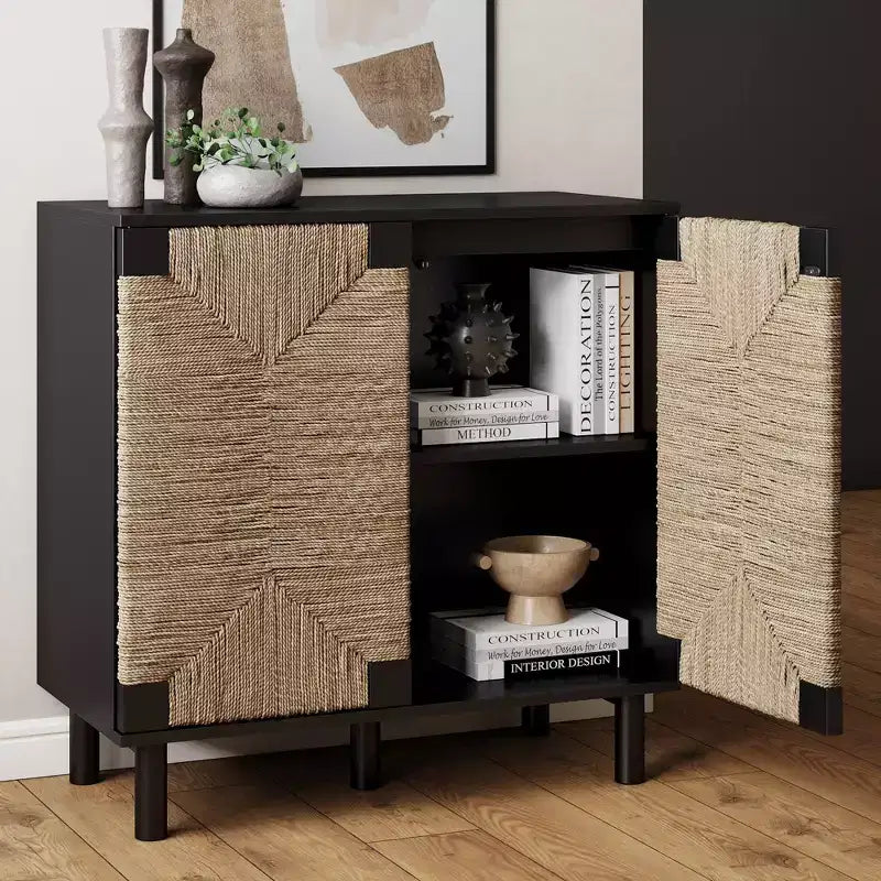 Meuble de rangement à 2 portes en bois et jonc de mer