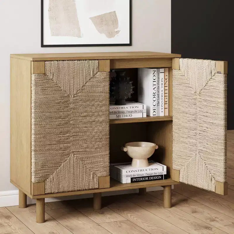 Meuble de rangement à 2 portes en bois et jonc de mer