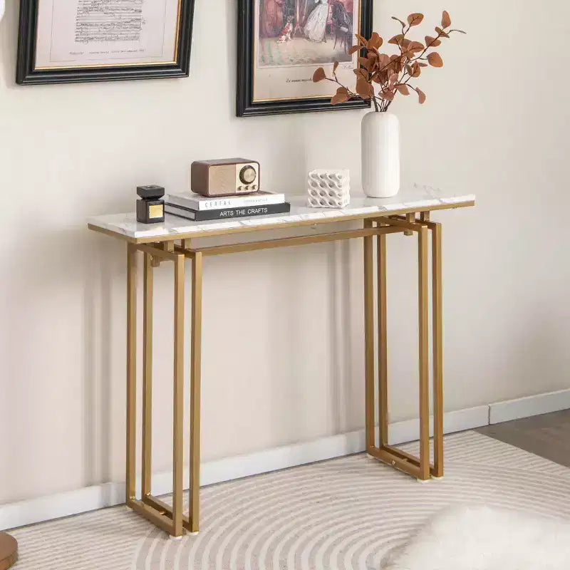 Console en Faux Marbre pour Entrée, Table d'Appoint avec Pieds en Métal