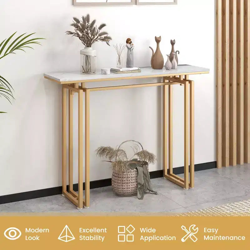 Console en Faux Marbre pour Entrée, Table d'Appoint avec Pieds en Métal