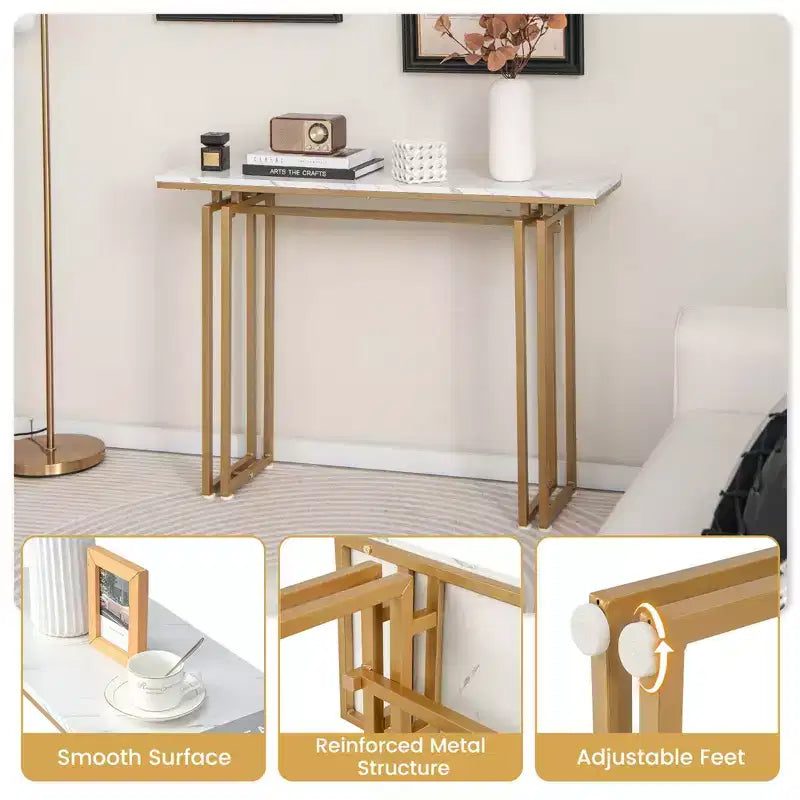 Console en Faux Marbre pour Entrée, Table d'Appoint avec Pieds en Métal