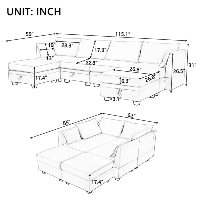 Canapé d'angle moderne en U avec rangement, convertible en lit